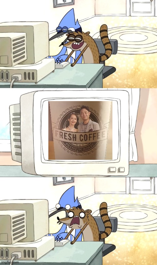 What if Mordecai and Rigby watches the CB & TL and Starbucks ripoff logo? | image tagged in moredecai and rigby surfing the web | made w/ Imgflip meme maker