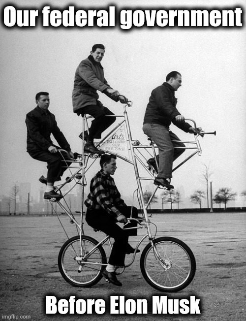 Our federal government; Before Elon Musk | image tagged in memes,elon musk,doge,four man,bicycle,government | made w/ Imgflip meme maker