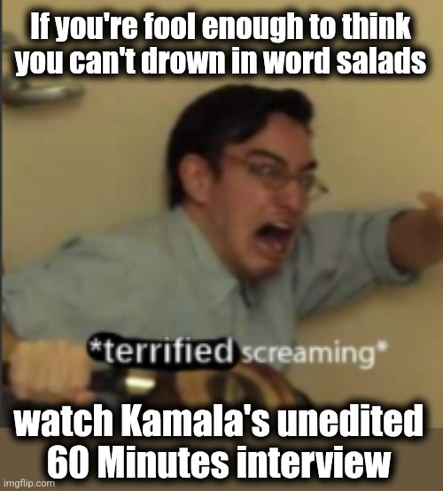 *Terrified Screaming* | If you're fool enough to think
you can't drown in word salads; watch Kamala's unedited 60 Minutes interview | image tagged in terrified screaming,kamala harris,word salad,60 minutes,memes,mainstream media | made w/ Imgflip meme maker