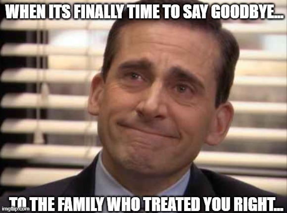 When you say goodbye to your family of messed up weirdos... | WHEN ITS FINALLY TIME TO SAY GOODBYE... TO THE FAMILY WHO TREATED YOU RIGHT... | image tagged in wholesome | made w/ Imgflip meme maker