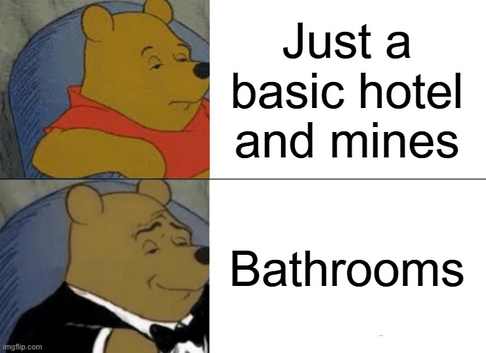 Tuxedo Winnie The Pooh | Just a basic hotel and mines; Bathrooms | image tagged in memes,tuxedo winnie the pooh | made w/ Imgflip meme maker