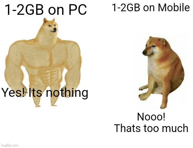 Real | 1-2GB on PC; 1-2GB on Mobile; Yes! Its nothing; Nooo! Thats too much | image tagged in memes,buff doge vs cheems,storage,mobile,pc,doge | made w/ Imgflip meme maker
