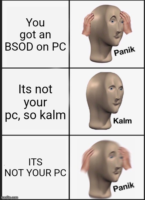 ?? | You got an BSOD on PC; Its not your pc, so kalm; ITS NOT YOUR PC | image tagged in memes,panik kalm panik,pc,computer,computers,bsod | made w/ Imgflip meme maker