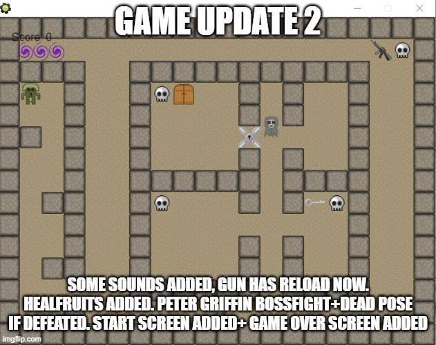 any more things i gotta add? | GAME UPDATE 2; SOME SOUNDS ADDED, GUN HAS RELOAD NOW. HEALFRUITS ADDED. PETER GRIFFIN BOSSFIGHT+DEAD POSE IF DEFEATED. START SCREEN ADDED+ GAME OVER SCREEN ADDED | image tagged in grimnemo game | made w/ Imgflip meme maker