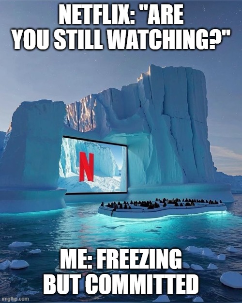 Netflix | NETFLIX: "ARE YOU STILL WATCHING?"; ME: FREEZING BUT COMMITTED | image tagged in memes | made w/ Imgflip meme maker