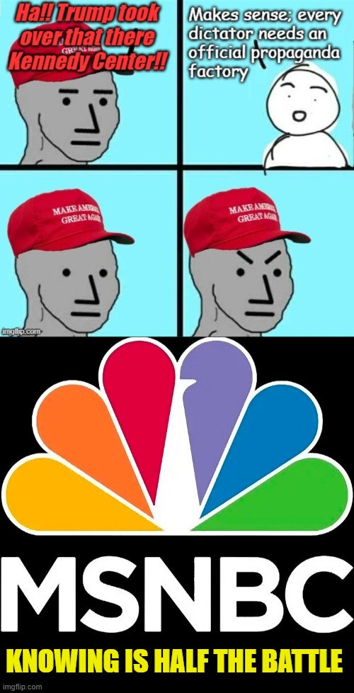 MSNBC is the Propaganda arm of the DNC | KNOWING IS HALF THE BATTLE | image tagged in msnbc,rachel maddow,propaganda,maga,al sharpton,dnc | made w/ Imgflip meme maker