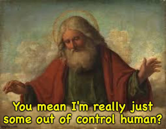 god | You mean I'm really just some out of control human? | image tagged in god | made w/ Imgflip meme maker