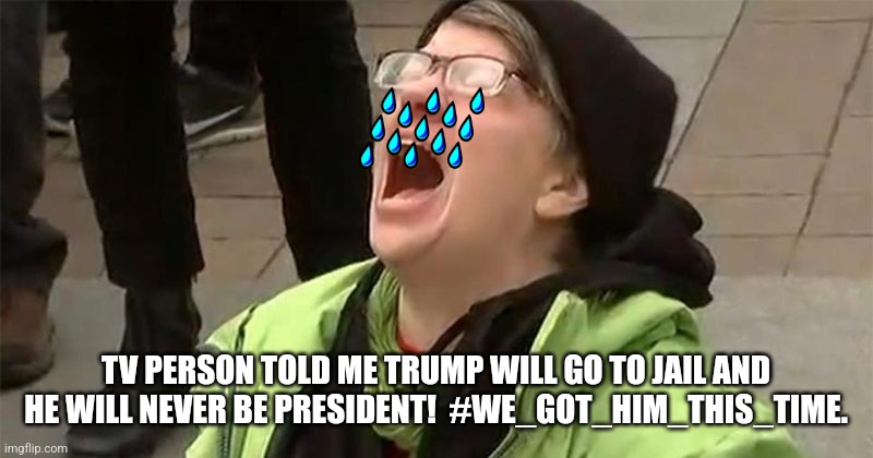 crying liberal | TV PERSON TOLD ME TRUMP WILL GO TO JAIL AND HE WILL NEVER BE PRESIDENT!  #WE_GOT_HIM_THIS_TIME. | image tagged in crying liberal | made w/ Imgflip meme maker