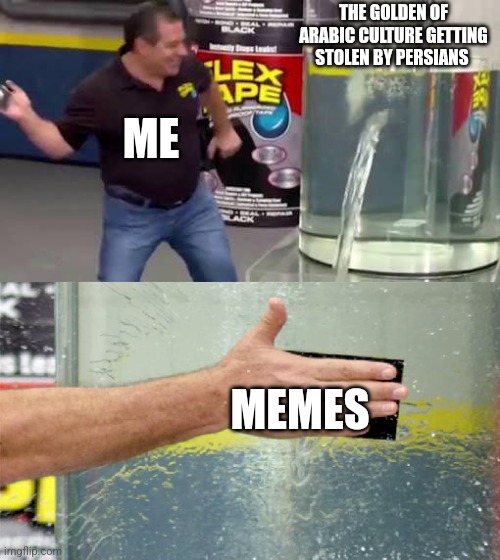 The golden age is leaking | THE GOLDEN OF ARABIC CULTURE GETTING STOLEN BY PERSIANS; ME; MEMES | image tagged in flex tape,iran,iranian,persian,golden age,arab | made w/ Imgflip meme maker