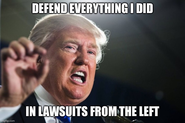 donald trump | DEFEND EVERYTHING I DID IN LAWSUITS FROM THE LEFT | image tagged in donald trump | made w/ Imgflip meme maker