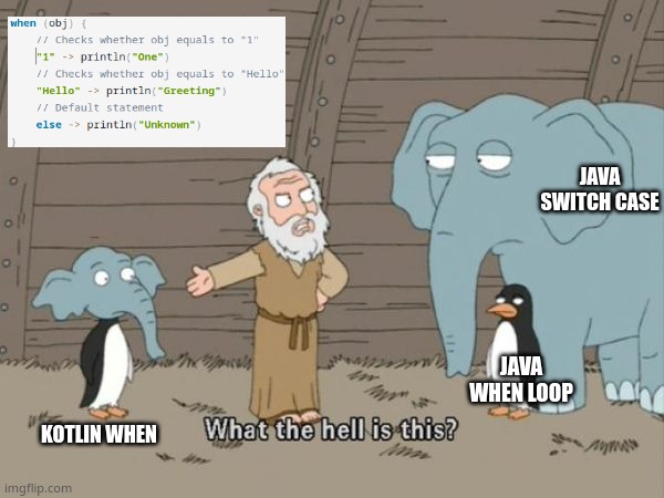 kotlin when | JAVA SWITCH CASE; JAVA WHEN LOOP; KOTLIN WHEN | image tagged in family guy what the hell is this | made w/ Imgflip meme maker