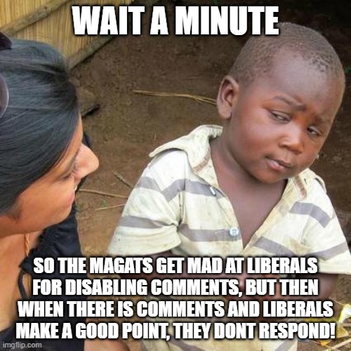 The real reason why we (I dont) disable comments | WAIT A MINUTE; SO THE MAGATS GET MAD AT LIBERALS FOR DISABLING COMMENTS, BUT THEN WHEN THERE IS COMMENTS AND LIBERALS MAKE A GOOD POINT, THEY DONT RESPOND! | image tagged in memes,third world skeptical kid | made w/ Imgflip meme maker