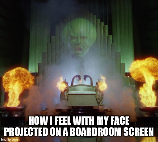 Wizard of Oz Powerful | HOW I FEEL WITH MY FACE PROJECTED ON A BOARDROOM SCREEN | image tagged in wizard of oz powerful | made w/ Imgflip meme maker