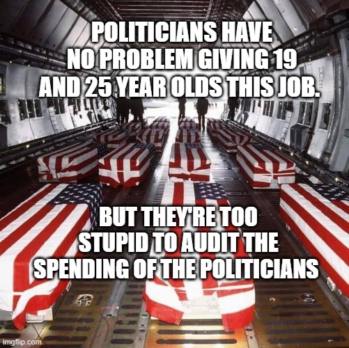 Military Tragedy | POLITICIANS HAVE NO PROBLEM GIVING 19 AND 25 YEAR OLDS THIS JOB. BUT THEY'RE TOO STUPID TO AUDIT THE SPENDING OF THE POLITICIANS | image tagged in military tragedy | made w/ Imgflip meme maker