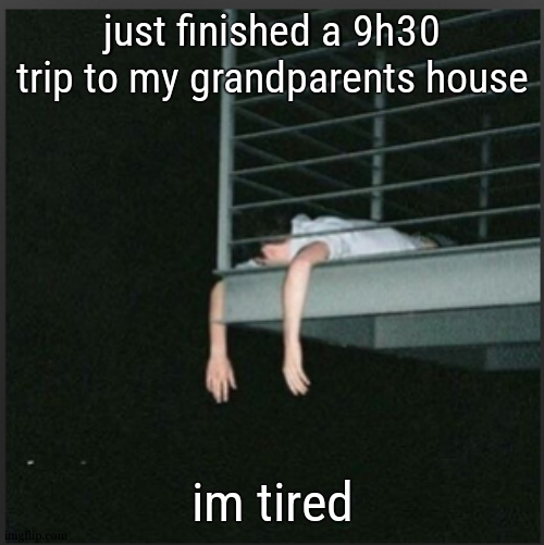 yes i forgot to tell yall i was going to their house | just finished a 9h30 trip to my grandparents house; im tired | image tagged in tired | made w/ Imgflip meme maker