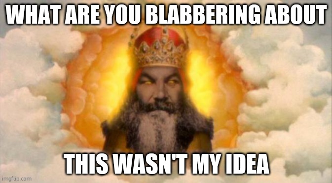 monty python god | WHAT ARE YOU BLABBERING ABOUT THIS WASN'T MY IDEA | image tagged in monty python god | made w/ Imgflip meme maker