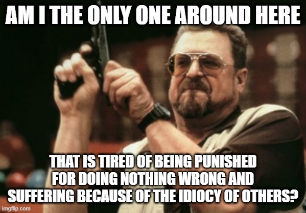 It hurts so much | AM I THE ONLY ONE AROUND HERE; THAT IS TIRED OF BEING PUNISHED FOR DOING NOTHING WRONG AND SUFFERING BECAUSE OF THE IDIOCY OF OTHERS? | image tagged in memes,am i the only one around here | made w/ Imgflip meme maker