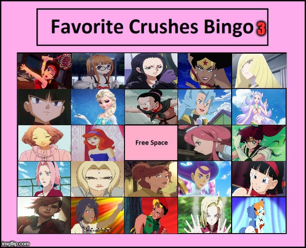 favorite crushes bingo 3 | image tagged in favorite crushes bingo 3,anime,comics/cartoons,video games,pokemon,movies | made w/ Imgflip meme maker
