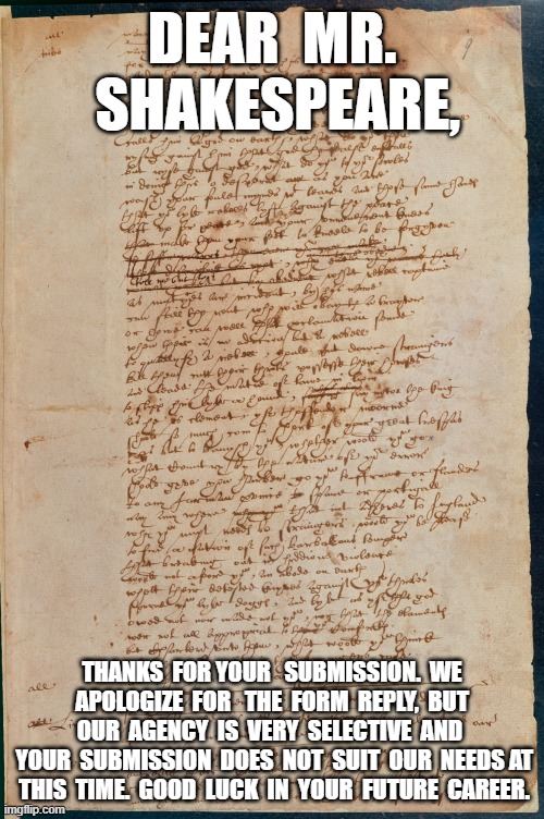 Typical Agent | DEAR  MR.  SHAKESPEARE, THANKS  FOR YOUR   SUBMISSION.  WE  APOLOGIZE  FOR   THE  FORM  REPLY,  BUT  OUR  AGENCY  IS  VERY  SELECTIVE  AND 
 YOUR  SUBMISSION  DOES  NOT  SUIT  OUR  NEEDS AT  THIS  TIME.  GOOD  LUCK  IN  YOUR  FUTURE  CAREER. | image tagged in literally | made w/ Imgflip meme maker