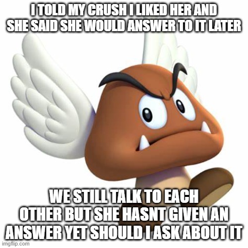 bruh i think i got friendzoned and ghosted at the same time i swear | I TOLD MY CRUSH I LIKED HER AND SHE SAID SHE WOULD ANSWER TO IT LATER; WE STILL TALK TO EACH OTHER BUT SHE HASNT GIVEN AN ANSWER YET SHOULD I ASK ABOUT IT | image tagged in grimnemo anouncement template | made w/ Imgflip meme maker