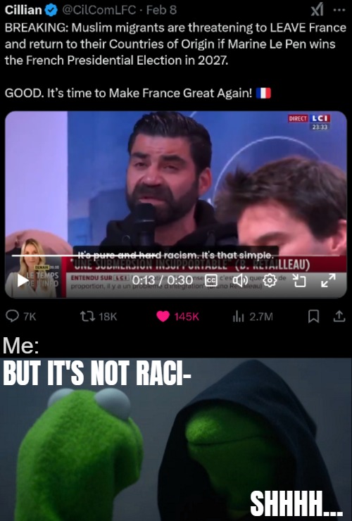 Me:; BUT IT'S NOT RACI-; SHHHH... | image tagged in memes,evil kermit,muslims,immigration,europe | made w/ Imgflip meme maker