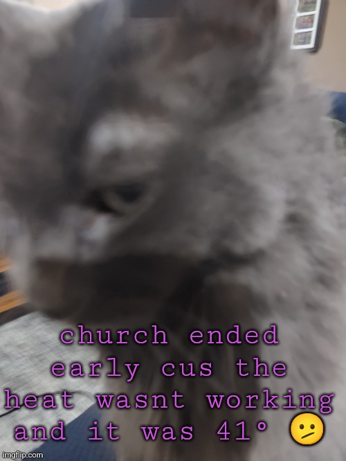 32's Cat | church ended early cus the heat wasnt working and it was 41° 🫤 | image tagged in 32's cat | made w/ Imgflip meme maker