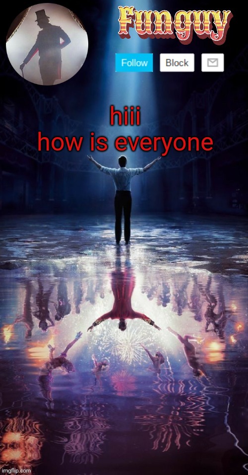 hii | hiii
how is everyone | image tagged in funguy greatest showman template thx yachi | made w/ Imgflip meme maker
