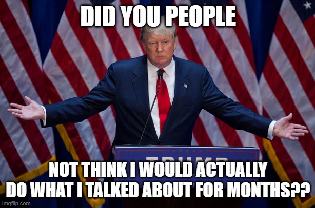 Donald Trump | DID YOU PEOPLE NOT THINK I WOULD ACTUALLY DO WHAT I TALKED ABOUT FOR MONTHS?? | image tagged in donald trump | made w/ Imgflip meme maker