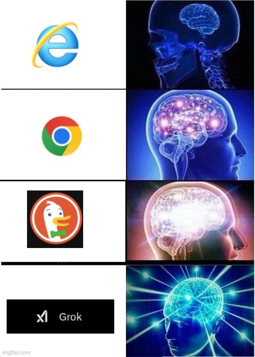 Expanding Brain Meme | image tagged in search engines,memes,expanding brain,internet,internet search engines,grok | made w/ Imgflip meme maker