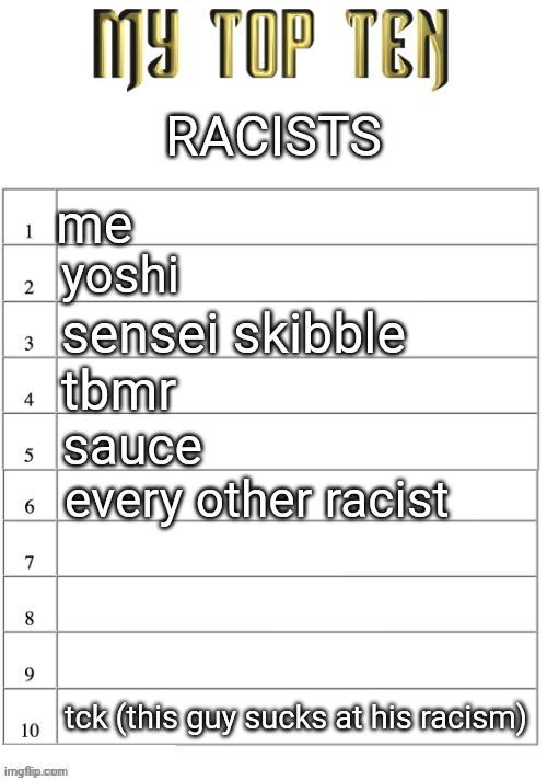 Top ten list better | RACISTS; me; yoshi; sensei skibble; tbmr; sauce; every other racist; tck (this guy sucks at his racism) | image tagged in top ten list better | made w/ Imgflip meme maker