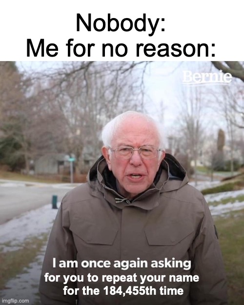 truest meme there is | Nobody:
Me for no reason:; for you to repeat your name
 for the 184,455th time | image tagged in memes,bernie i am once again asking for your support,names | made w/ Imgflip meme maker