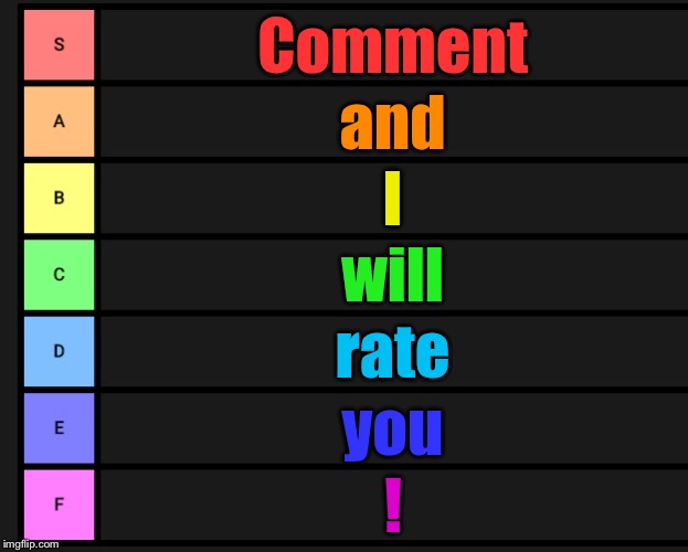 Tier List | Comment; and; I; will; rate; you; ! | image tagged in tier list | made w/ Imgflip meme maker