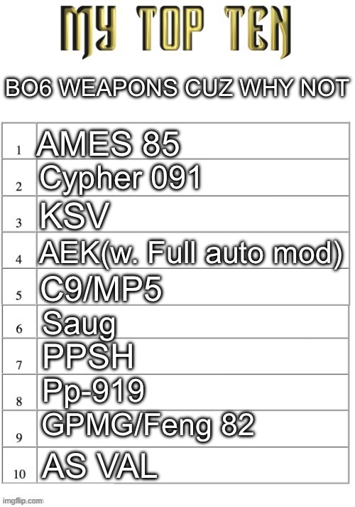 Blsize | BO6 WEAPONS CUZ WHY NOT; AMES 85; Cypher 091; KSV; AEK(w. Full auto mod); C9/MP5; Saug; PPSH; Pp-919; GPMG/Feng 82; AS VAL | image tagged in top ten list better | made w/ Imgflip meme maker