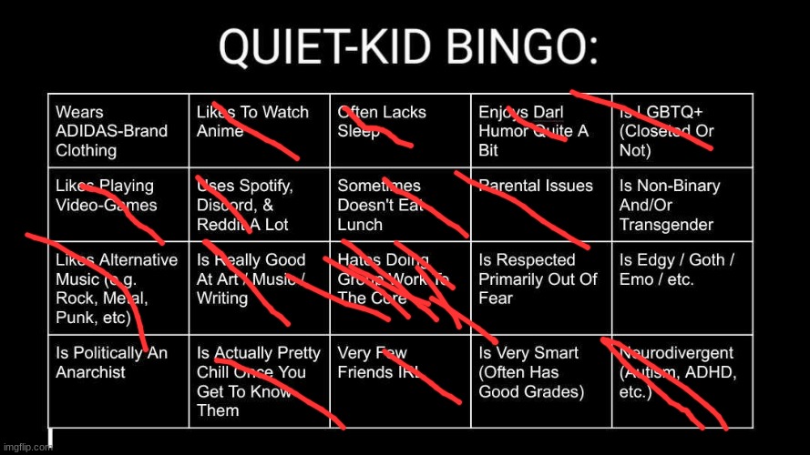Quiet Kid Bingo | image tagged in quiet kid bingo | made w/ Imgflip meme maker