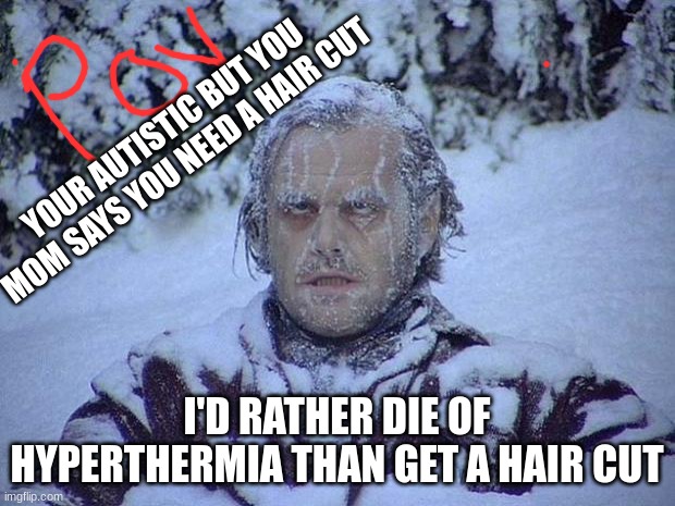 Jack Nicholson The Shining Snow | YOUR AUTISTIC BUT YOU MOM SAYS YOU NEED A HAIR CUT; I'D RATHER DIE OF HYPERTHERMIA THAN GET A HAIR CUT | image tagged in memes,jack nicholson the shining snow | made w/ Imgflip meme maker