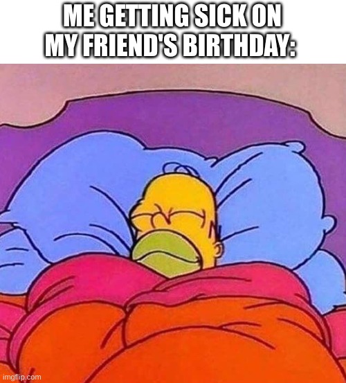 lmao now I don't have to worry about getting them a present | ME GETTING SICK ON MY FRIEND'S BIRTHDAY: | image tagged in homer simpson sleeping peacefully | made w/ Imgflip meme maker