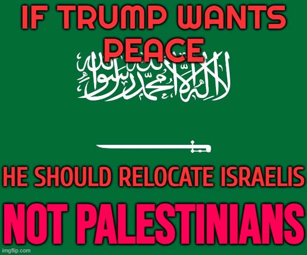 Saudi Official: If Trump Wants Peace, He Should Relocate Israelis, Not Palestinians | IF TRUMP WANTS
PEACE; HE SHOULD RELOCATE ISRAELIS; NOT PALESTINIANS | image tagged in saudi arabia,breaking news,donald trump,scumbag america,palestine,genocide | made w/ Imgflip meme maker