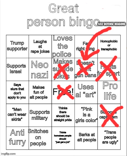 Zesty Ass mayonnaise ad just played | SELF DEFENSE REASONS | image tagged in great person bingo | made w/ Imgflip meme maker