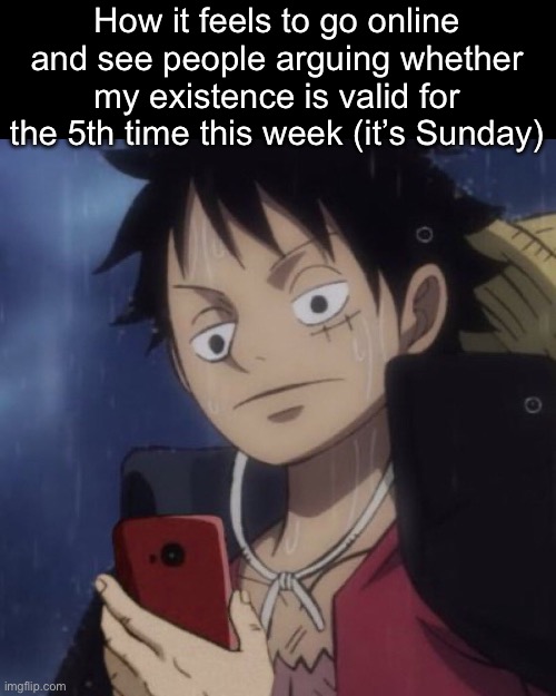 . | How it feels to go online and see people arguing whether my existence is valid for the 5th time this week (it’s Sunday) | image tagged in one piece luffy looking at phone | made w/ Imgflip meme maker