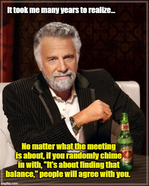 work meeting | It took me many years to realize... No matter what the meeting is about, if you randomly chime in with, "It's about finding that balance," people will agree with you. | image tagged in memes,the most interesting man in the world | made w/ Imgflip meme maker