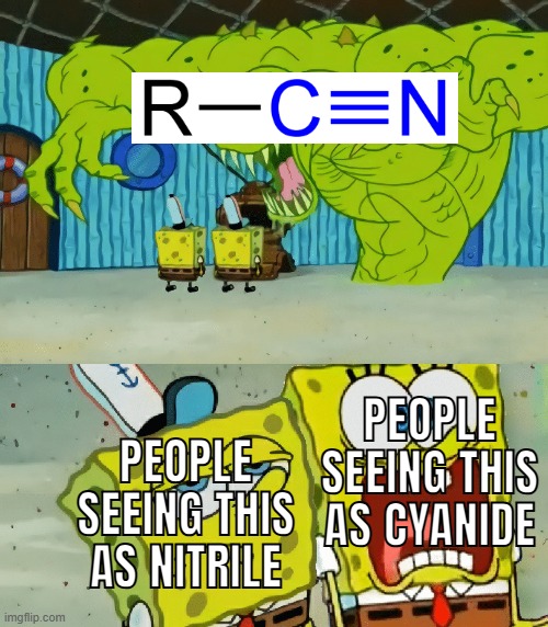 How people sees nitrile vs cyanide | PEOPLE SEEING THIS AS CYANIDE; PEOPLE SEEING THIS AS NITRILE | image tagged in 2 spongebobs monster | made w/ Imgflip meme maker