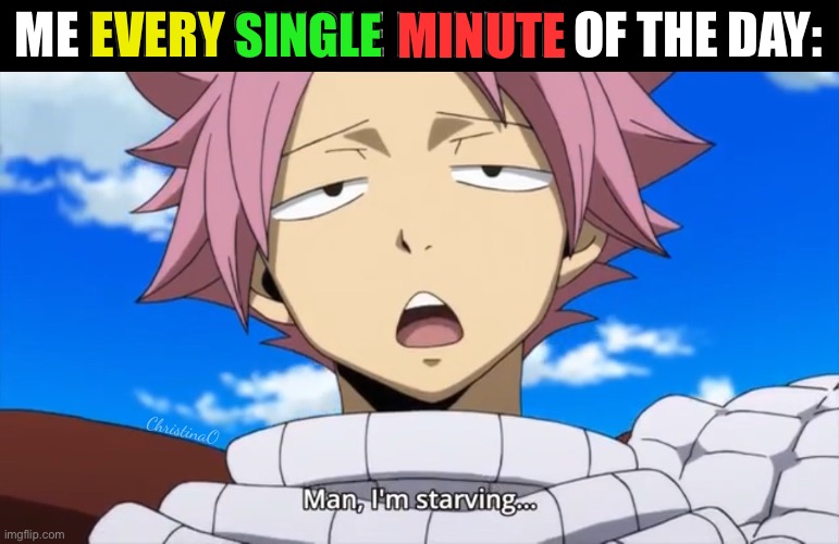 Fairy Tail Anime Memes Starving | MINUTE; EVERY; ME EVERY SINGLE MINUTE OF THE DAY:; SINGLE; ChristinaO | image tagged in memes,fairy tail meme,fairy tail memes,natsu dragneel,relatable memes,anime memes | made w/ Imgflip meme maker