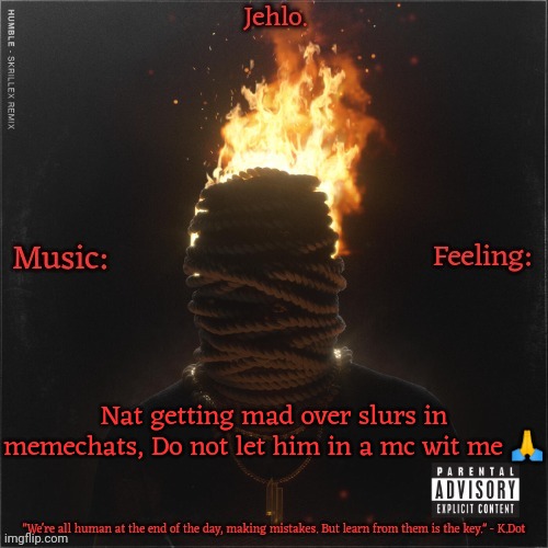 Jehlo Template. | Nat getting mad over slurs in memechats, Do not let him in a mc wit me 🙏 | image tagged in jehlo template | made w/ Imgflip meme maker
