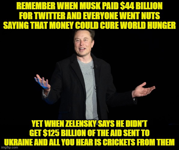 Very interesting | REMEMBER WHEN MUSK PAID $44 BILLION FOR TWITTER AND EVERYONE WENT NUTS SAYING THAT MONEY COULD CURE WORLD HUNGER; YET WHEN ZELENSKY SAYS HE DIDN'T GET $125 BILLION OF THE AID SENT TO UKRAINE AND ALL YOU HEAR IS CRICKETS FROM THEM | image tagged in elon musk,doge,ukraine,government corruption,twitter,maga | made w/ Imgflip meme maker