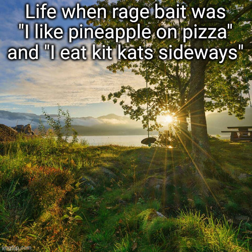 life was so easy then | Life when rage bait was "I like pineapple on pizza" and "I eat kit kats sideways" | image tagged in a new sunny day of gratitude,kit kat,pinneapple,pizza,ragebait,the good old days | made w/ Imgflip meme maker