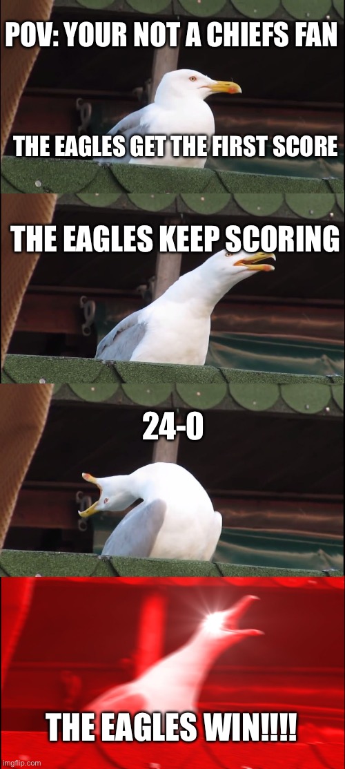 Eagles win! | POV: YOUR NOT A CHIEFS FAN; THE EAGLES GET THE FIRST SCORE; THE EAGLES KEEP SCORING; 24-0; THE EAGLES WIN!!!! | image tagged in memes,inhaling seagull | made w/ Imgflip meme maker