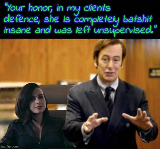 "Your honor, in my clients defence, she is completely batshit insane and was left unsupervised." | made w/ Imgflip meme maker