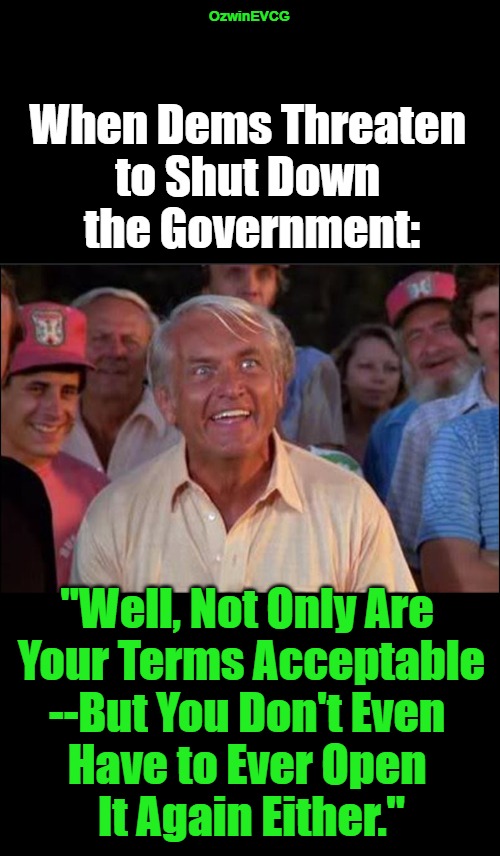 Democrat Strategy Knows a Good Time or Five | OzwinEVCG; When Dems Threaten 

to Shut Down 

the Government:; "Well, Not Only Are 

Your Terms Acceptable

--But You Don't Even 

Have to Ever Open 

It Again Either." | image tagged in well we're waiting,democratic party,liberal logic,politicians suck,government shutdown,good times | made w/ Imgflip meme maker