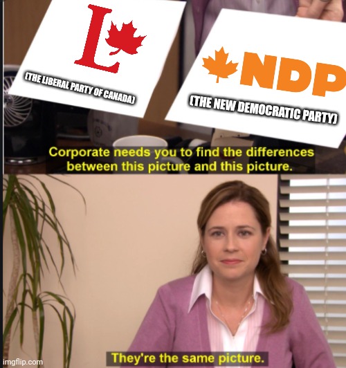 O Canada | (THE LIBERAL PARTY OF CANADA); (THE NEW DEMOCRATIC PARTY) | image tagged in they're the same picture | made w/ Imgflip meme maker