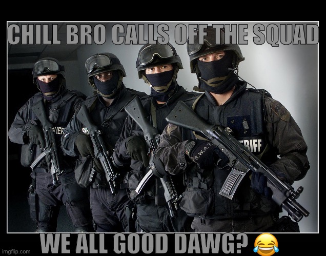 Sheriff's SWAT Team | CHILL BRO CALLS OFF THE SQUAD WE ALL GOOD DAWG? ? | image tagged in sheriff's swat team | made w/ Imgflip meme maker